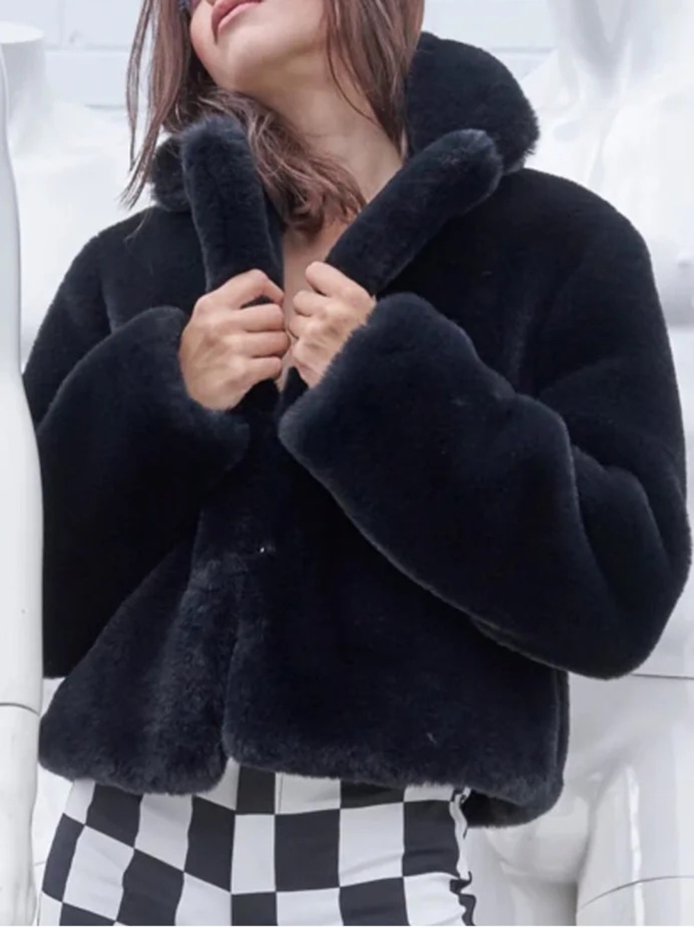 Faux Fur Teddy Jacket in Black, Size Small